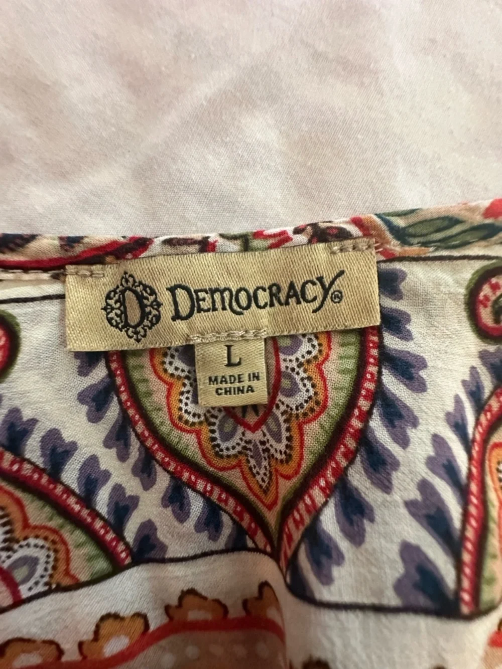 Democracy Paisley Split-Neck Blouse in Red, Cream and Green
